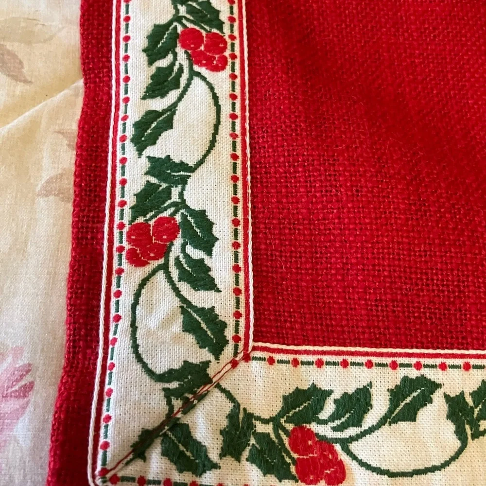 Vintage handmade holiday table runner 52” long holly and burlap
